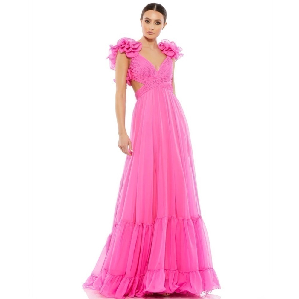 Mac Duggal Indy Chiffon Gown Maxi Backless Ruffles Pink Size 0 . X Small New - Picture 2 of 13